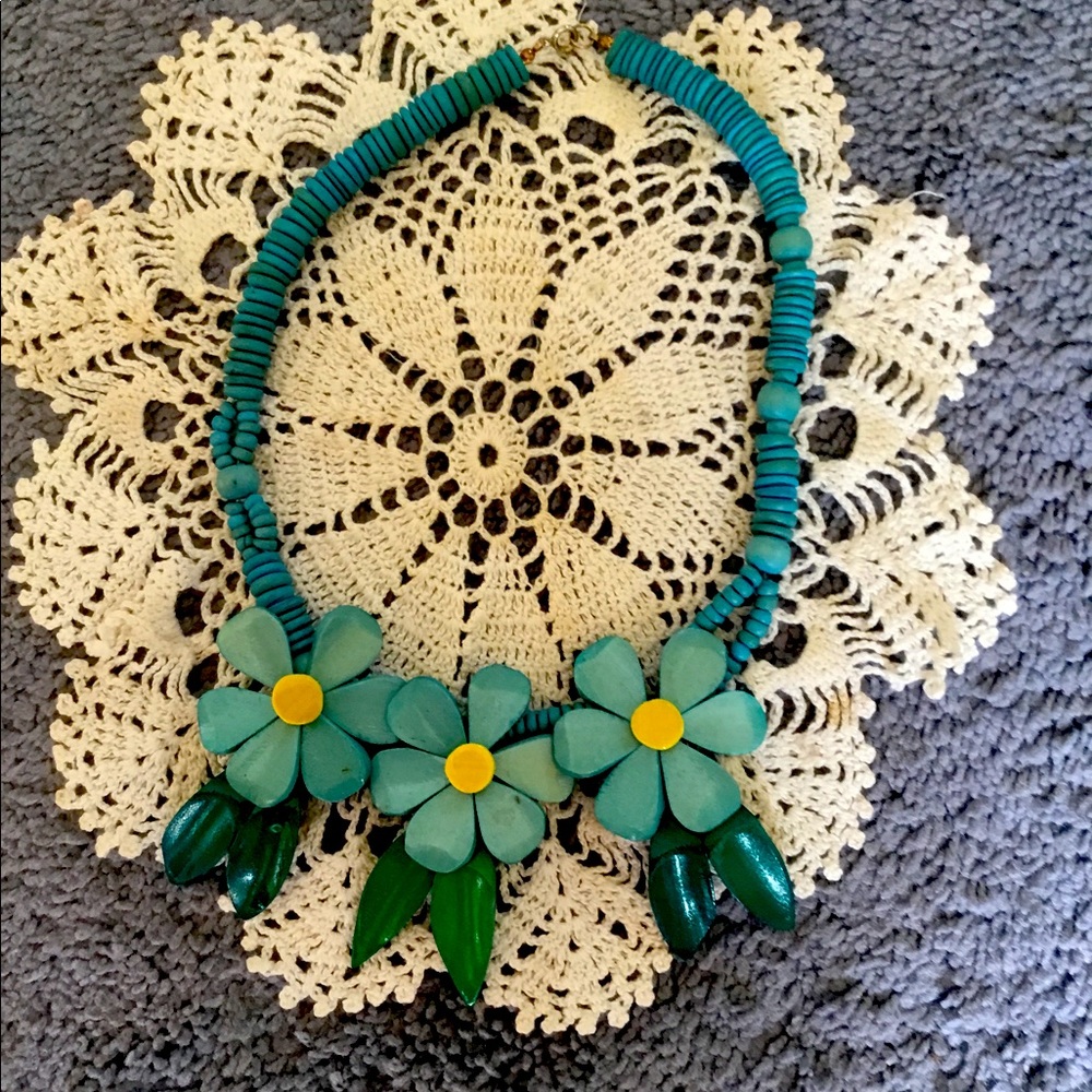 Turquoise Wooden Flower and Bead Necklace